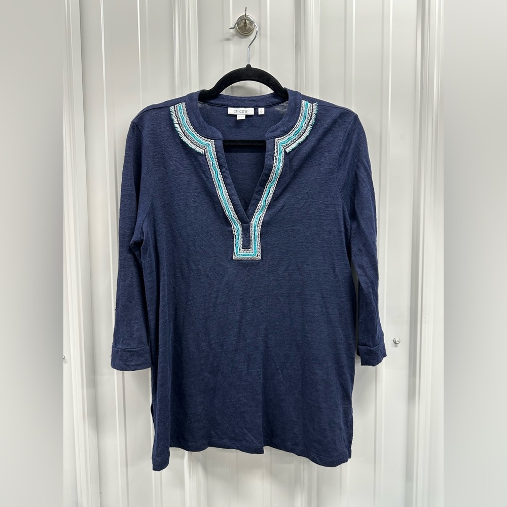 Chico’s Navy Tunic Top with Teal Bead Embroidery